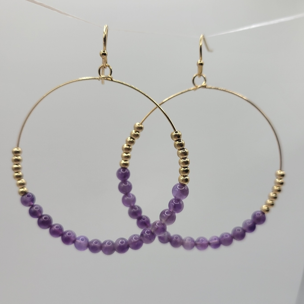 New Beaded Circle Hoop Earrings 1.75" Natural Stone Amethyst Gold Plated